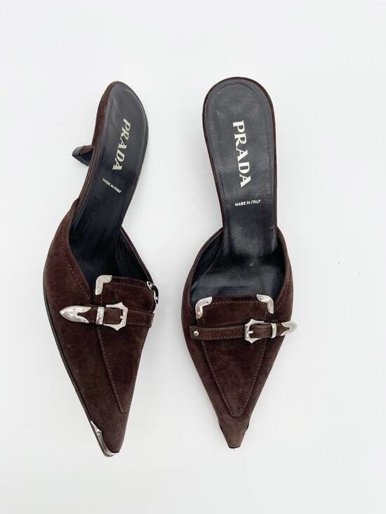 Prada Shoes - Prada Retro Vintage Y2K Brown Suede Western Buckle Kitten Heel Mules IT 35
